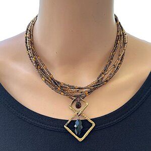 Chicos Multi Strand Beaded Necklace Brown Topaz Adjustable Length